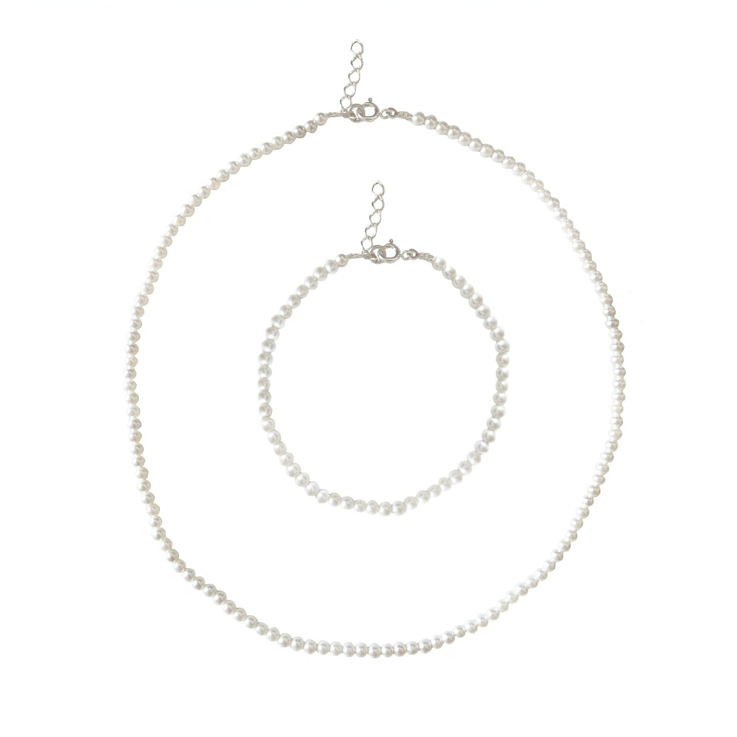 Tiny Shell Pearl Sterling Silver Necklace and Bracelet Set